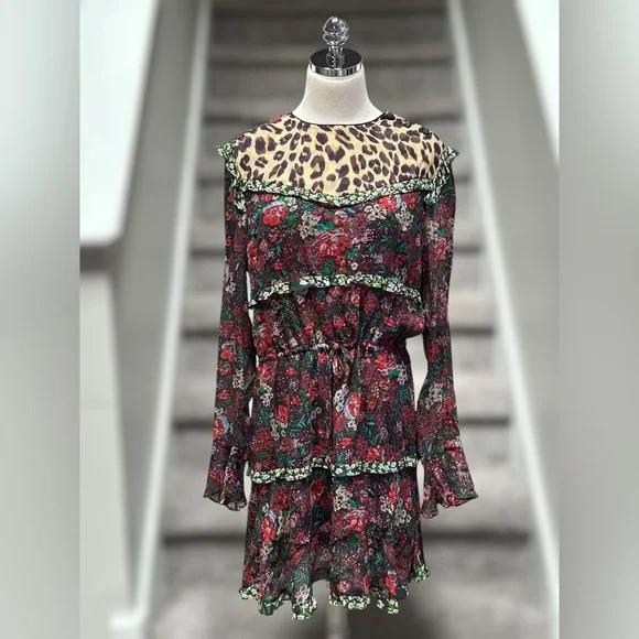 Anthropologie Scotch & Soda Leopard & Lillies Floral Long Sleeve Mini Dress Chic - Picture 6 of 16